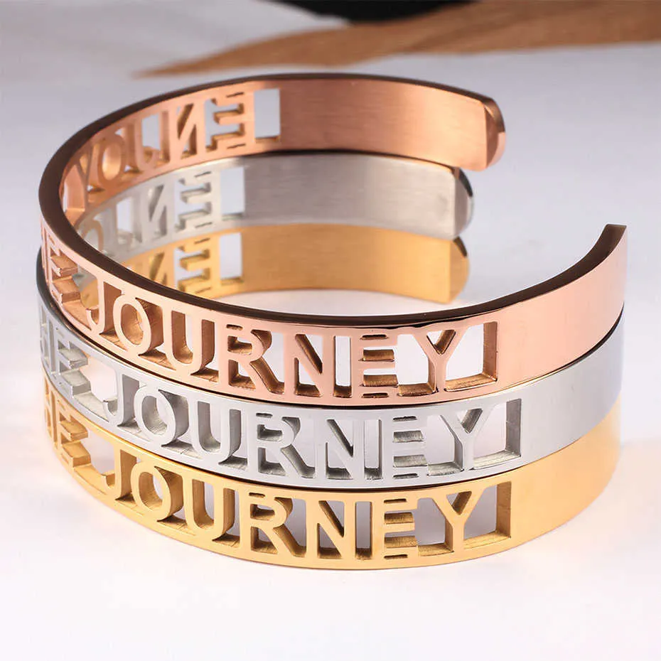 Carvort 8mm Femme Bracelet Mantra Gravé Inspirant - Profitez du Voyage - Bracelet en Acier Inoxydable Or Rose Or pour Filles Q0719