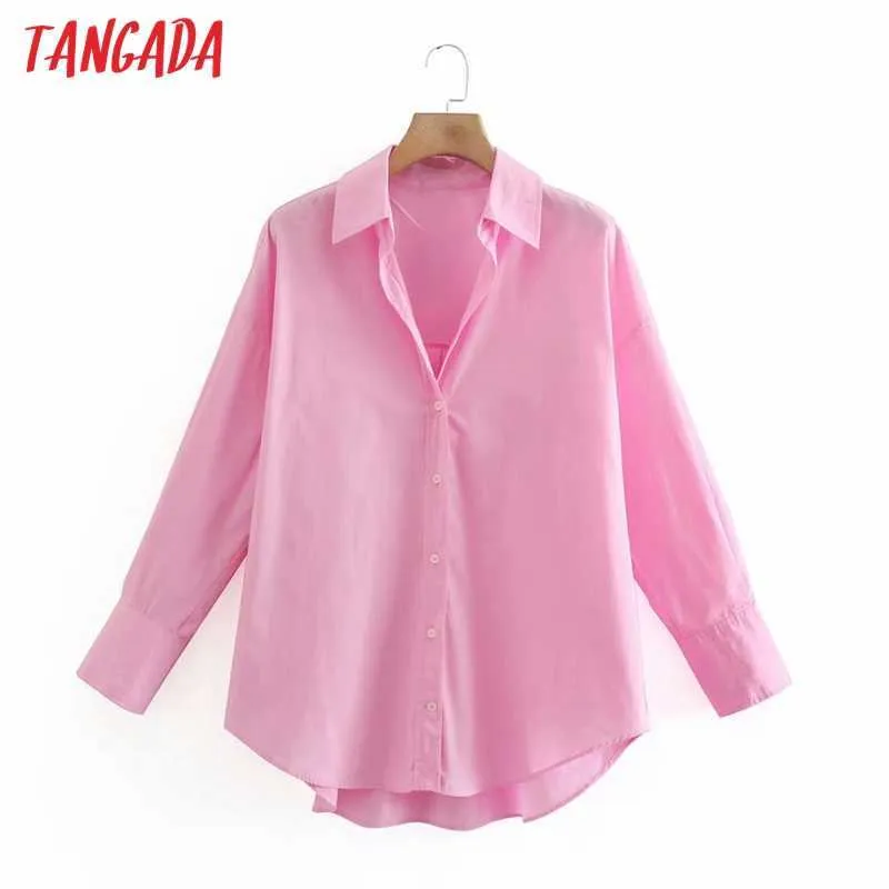 Tangada femmes basique rose coton chemises à manches longues solide col rabattu élégant bureau dames vêtements de travail Blouses XN320 210609
