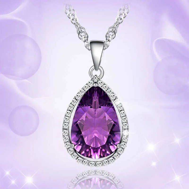 Colliers pour femmes en cristal pendentif goutte larmes d'ange améthyste naturelle chaîne de clavicule courte pour femme diamant violet plaqué or argent