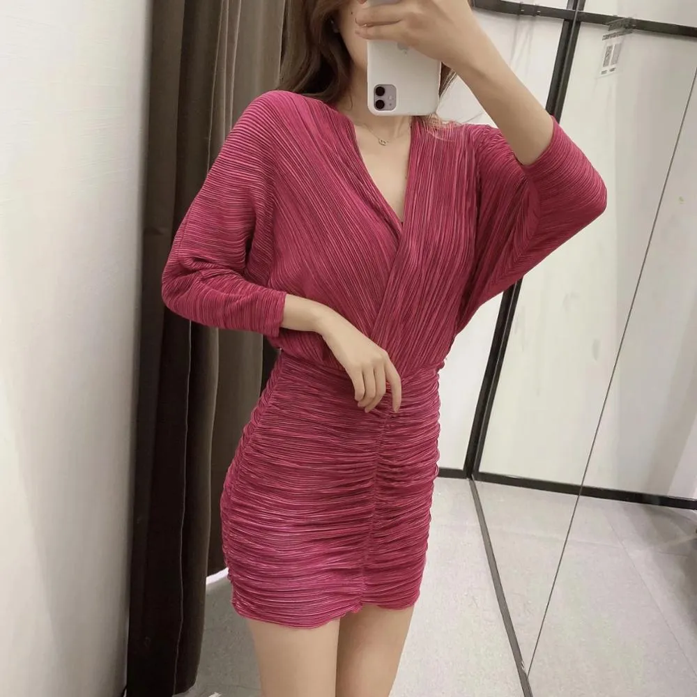 Kobiety Mini Dress with Draped Sukienka Surplice Dekoltu i Długie Rękawy Elastyczny talia wiązana mocowanie z tyłu 210520