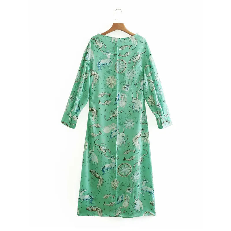 Vuwwyv grön flödande konstellation print midi klänning kvinnor sommar retro casual streetwear kvinna långärmad damer 210430