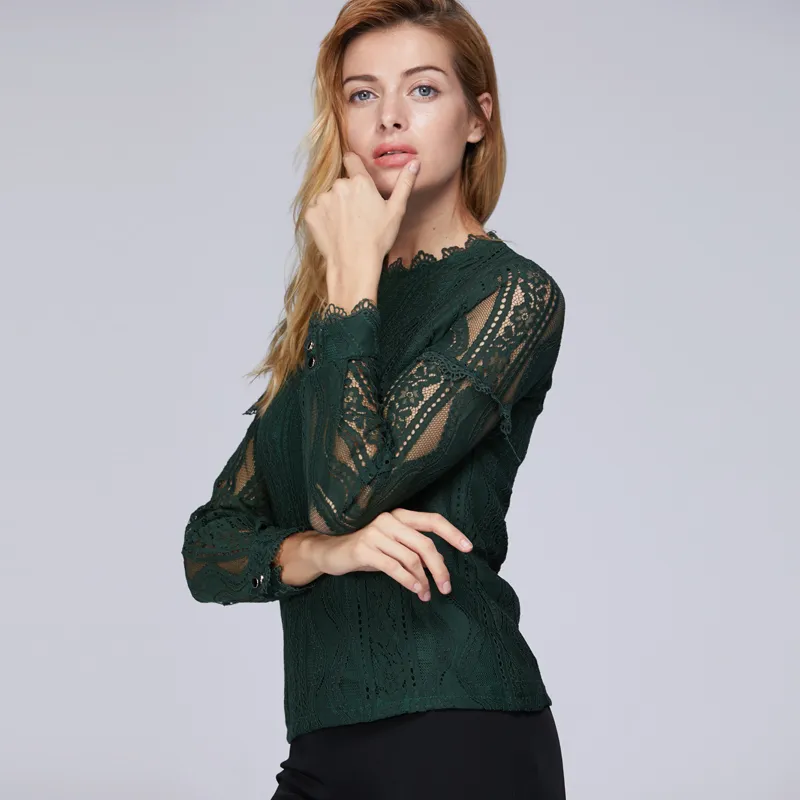 Sexy Hollow Lace Top Female Shirt Fashion Woman Blouses Long Sleeve Lave Blouse Women Tops Solid Green C896 45 210508