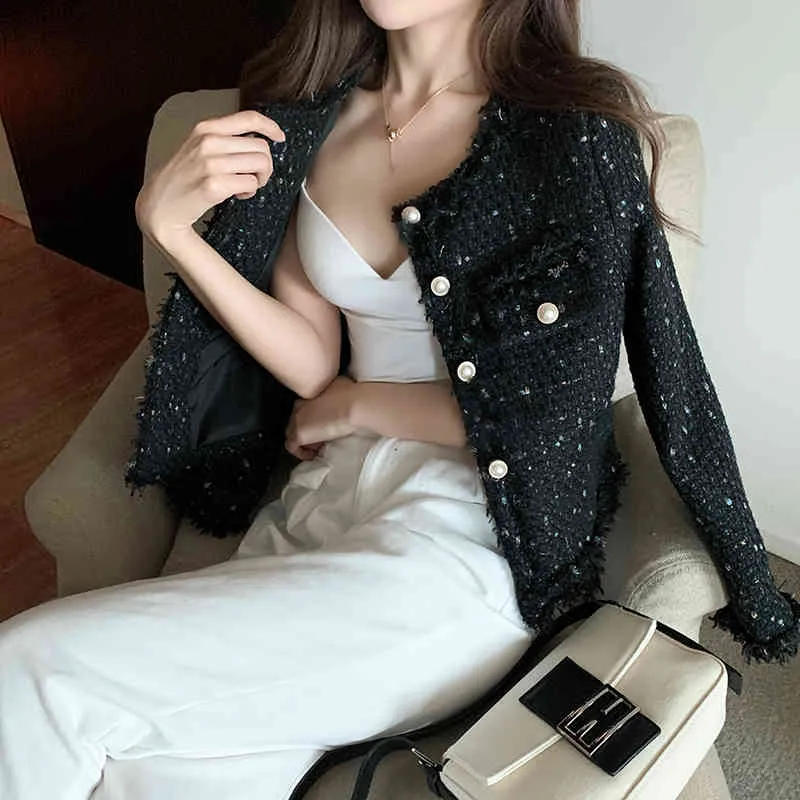 Höstkvinnor Tweed Jacket Högkvalitativ Små Fragrance Pearl Single Breasted Kvinnor Koreansk Kort Elegant Coat 210518