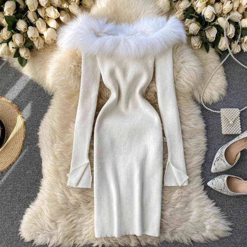 Femmes Robe tricotée 2021automne hiver à manches longues hors épaule blanc Sexy robes de soirée pour le nouvel an col fourrure élégant Robe G1214