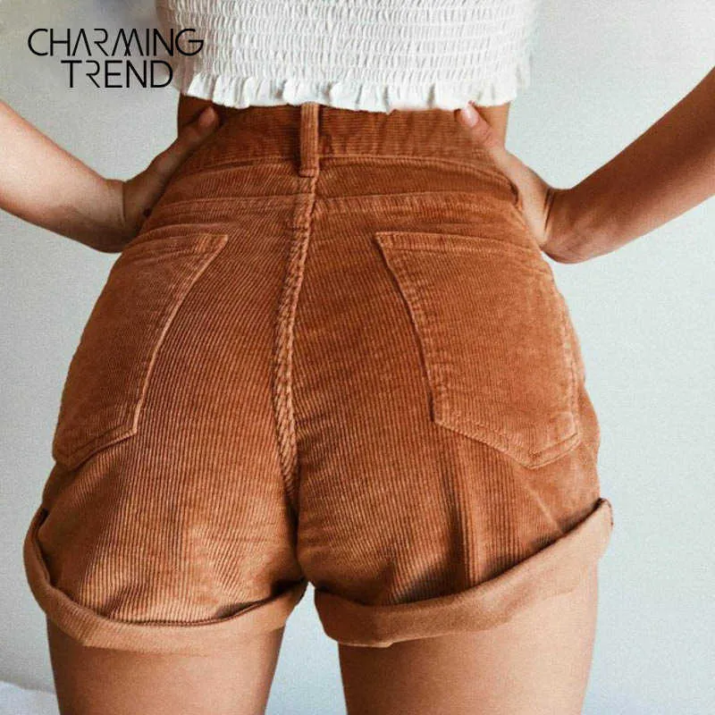 Vintage Femmes Shorts Été Casual Solide Femmes Shorts Corduroy Streetwear Taille Haute Femme Dames Shorts 210702