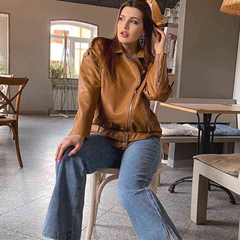 Fi Spring Autumn Faux Leather Jacket Loose Casual Coat Female Drop-shoulder Motorcycles Outwear With Belt 211110