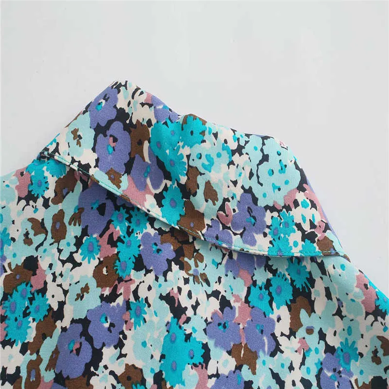 여름 za 꽃 무늬 프린트 짧은 jumpsuit 여성 패션 사이드 포켓 ​​묶여 벨트 블루 playsuits 여자 버튼 빈티지 jumpsuit 210602