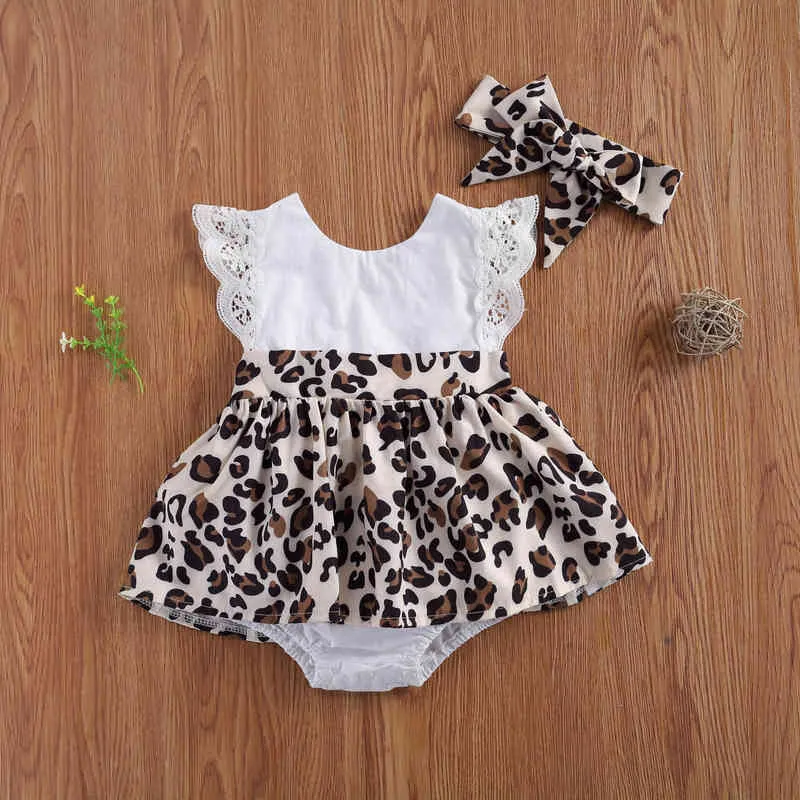 Pudcoco nyfödd baby flicka kläder splicing leopard print o-neck backless spets ruffle romper jumpsuit huvudband outfits set g1221