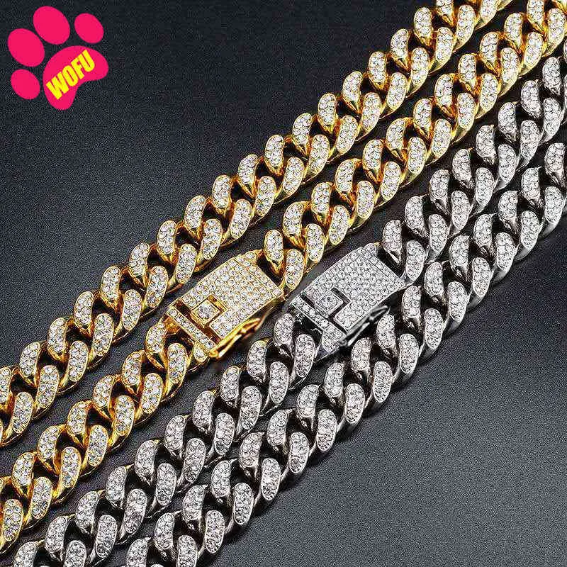 Wofuwofu Diamond Gold Dog CollarSstainless Steel Pet Collar Leash Metal Chain Luxury Crystal Large Dog Collar Läder Pitbull H112231T