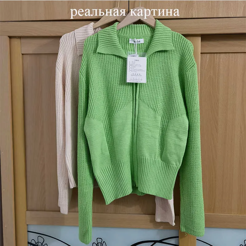 Bornladies stile coreano autunno Kintted Caidigans le donne Silm vita cerniera corta maglione verde Top Chic maniche lunghe giacche 210922