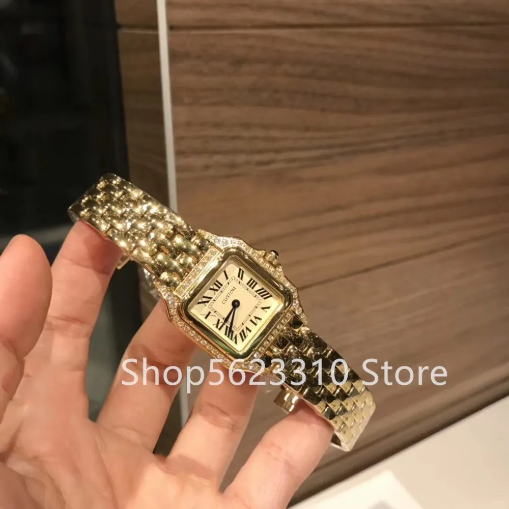 Classique acier inoxydable cadran carré montre panthere dames cz montre-bracelet à quartz panthère horloge femmes numéro romain cadran montres 27mm