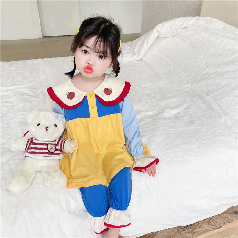 春の赤ちゃんパジャマ長袖コットンアップルピーターパン襟トップ+ロングパンツホームウェアガールかわいい衣装E8038 210610