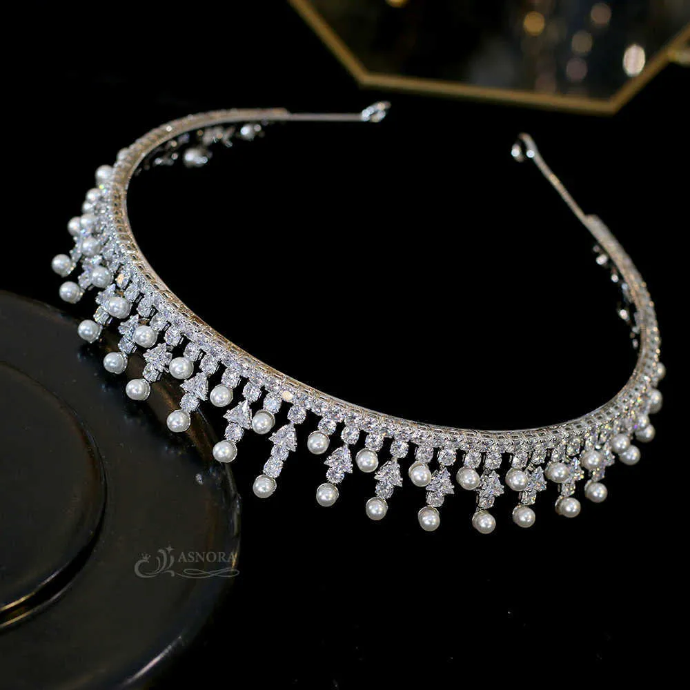 Asnora Tiara Cubic Cyrkonia Kobieta Wydłużenie Pearl Crown Bridal Biżuteria Parada Stroik Full Wedding Hair Akcesoria X0625