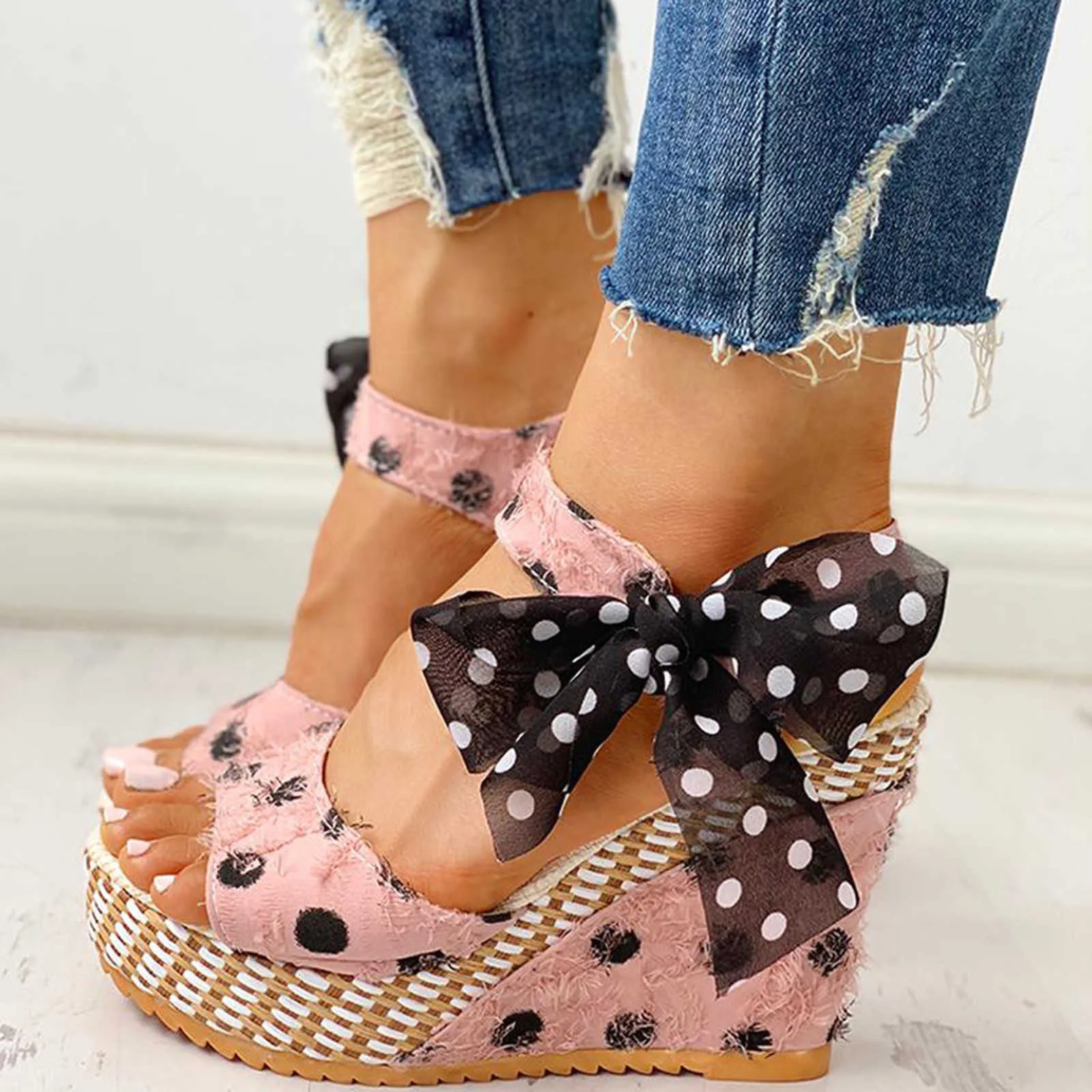 TELOTUNY sandals Women's Platform Wedges Heel Sandals Fashion Cotton Fabric Dot Lace-up Shoes Footwear 2021 Summer Y0721