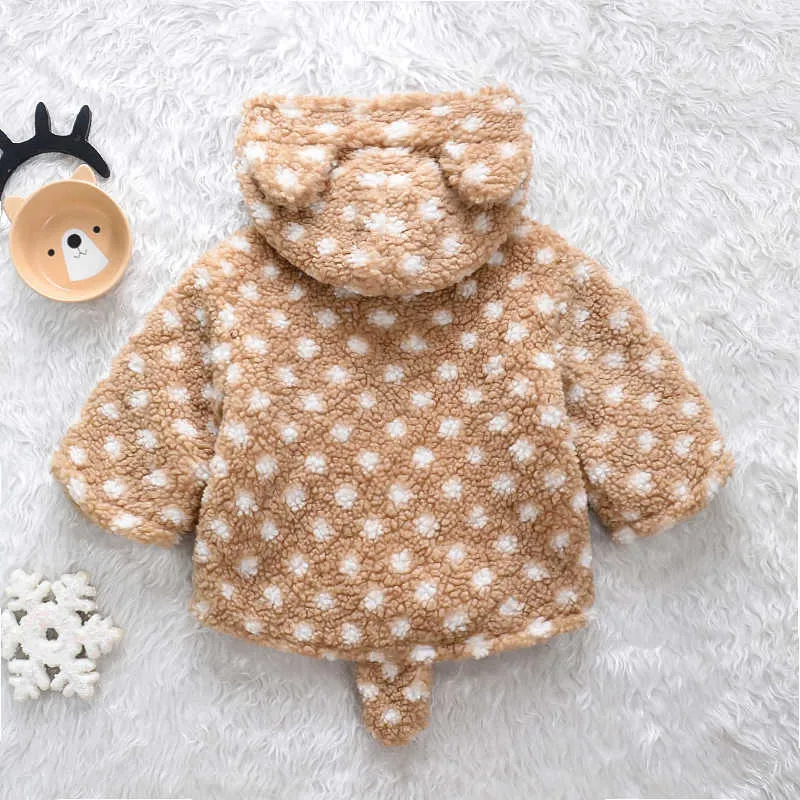 Arrivo Inverno Baby Toddler Girl Polka dots Animal Design Fluff Cappotto con cappuccio Vestiti caldi 210528