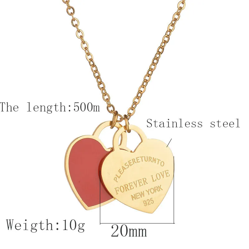 Fashion Accessories Enamel Double Heart Pendant Stainless Steel Necklace FOREVER LOVE Letter Necklace Wedding Gift253m