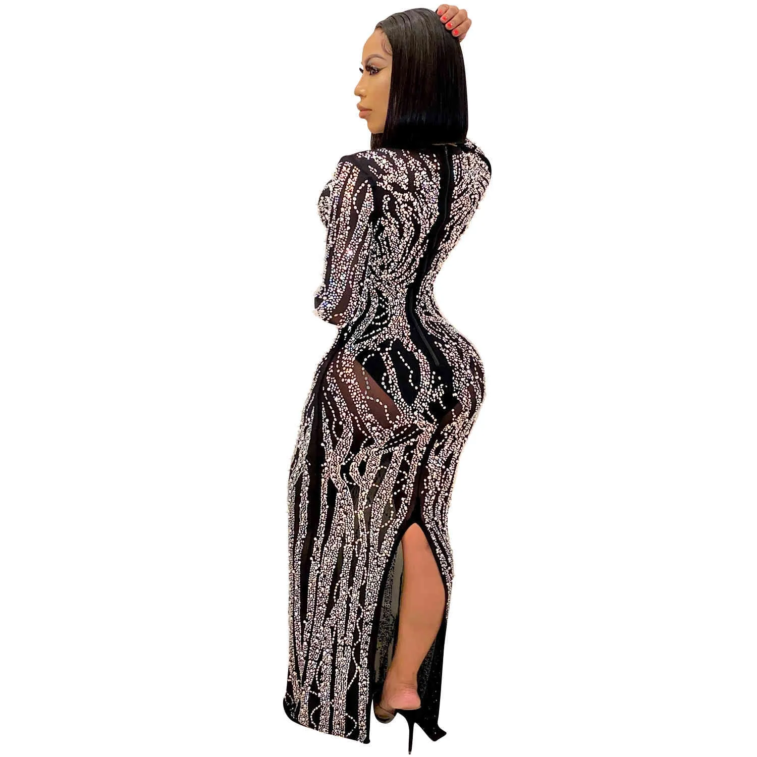 Nieuwe Product Nightclub Sexy Hot Diamond Perspectief Netto Garen Glanzende Damesjurk Lange Rok Bodycon Black Dress 210422