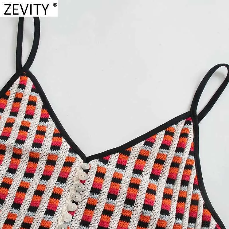 Zevity Women Vintage V Neck Breasted Houndstooth Plaid Knit Slim Sling Dress Female Chic Summer Brand Party Midi Vestido DS8120 210603