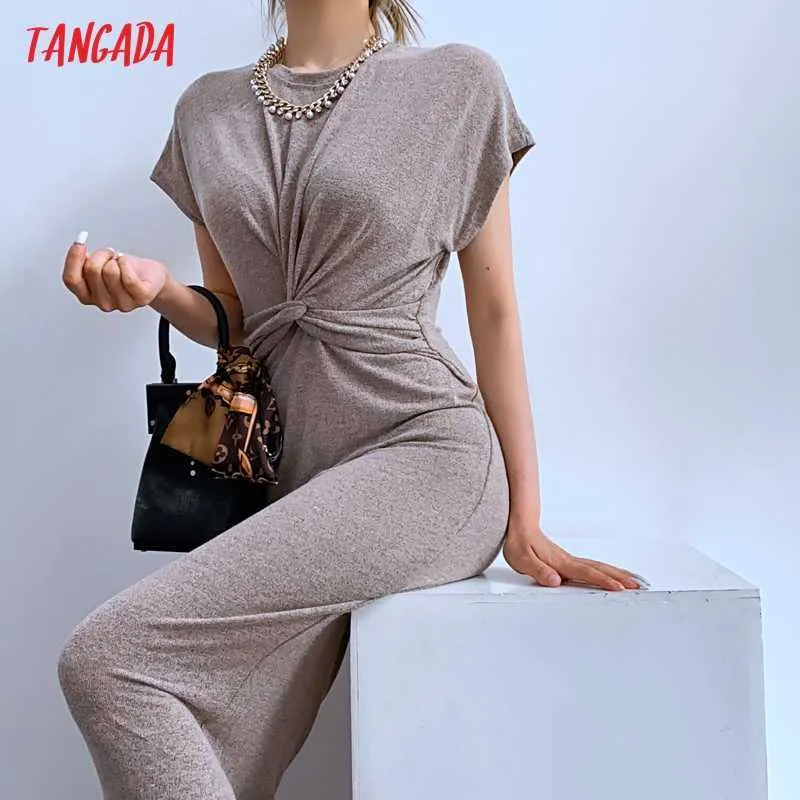 Tangada Mode Femmes Solide Élégant Arc Robe En Tricot À Manches Courtes O Cou Dames Robe Midi 2LK16 210609