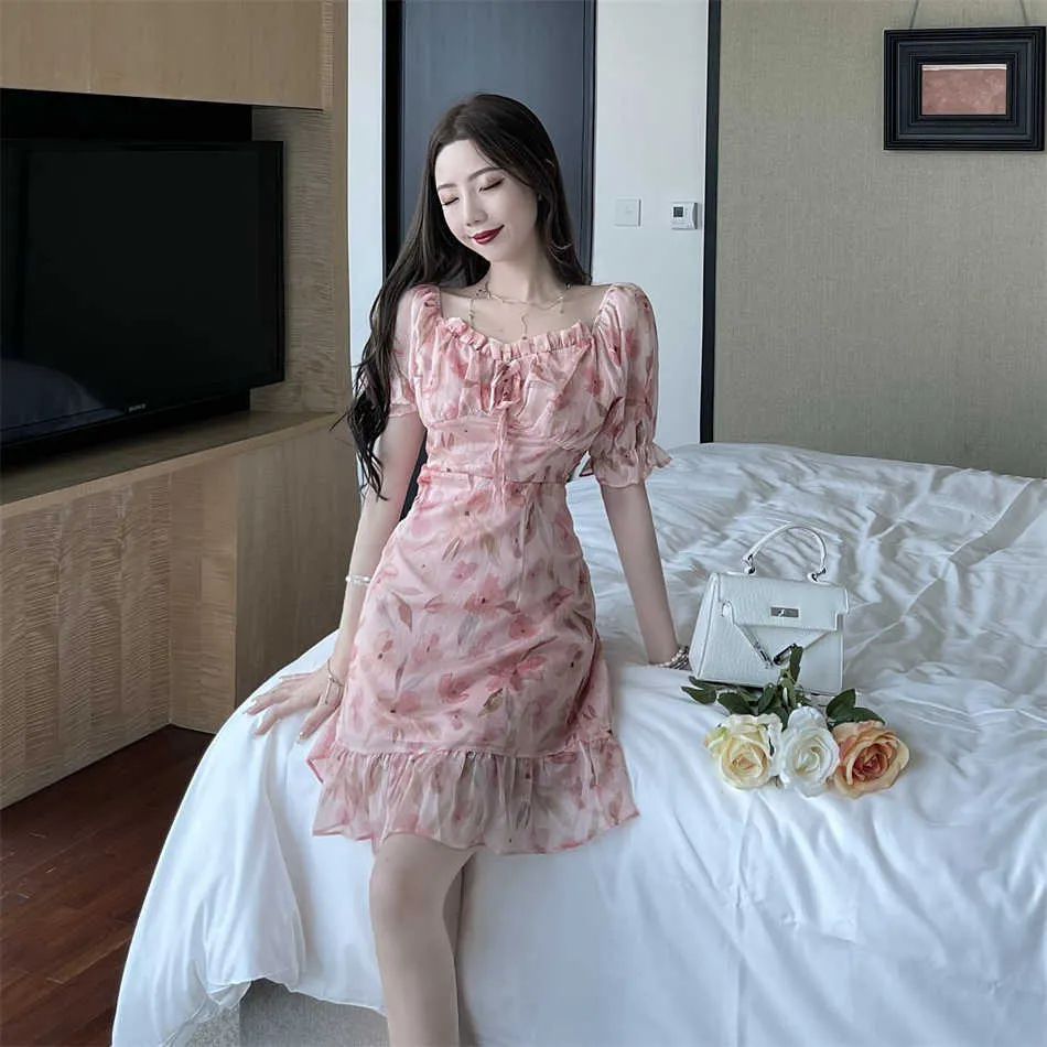 Summer Short Sleeve Floral Dres French Sweet Ruffles Design Kawaii Female Korean Lady Wedding Party 210604