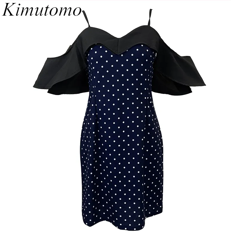 Kimutomo Contrast Color Dress Ruffles Patchwork Slash Neck Off Shoulder Dot Sling Dresses Women All-matching Summer Vestidos 210521