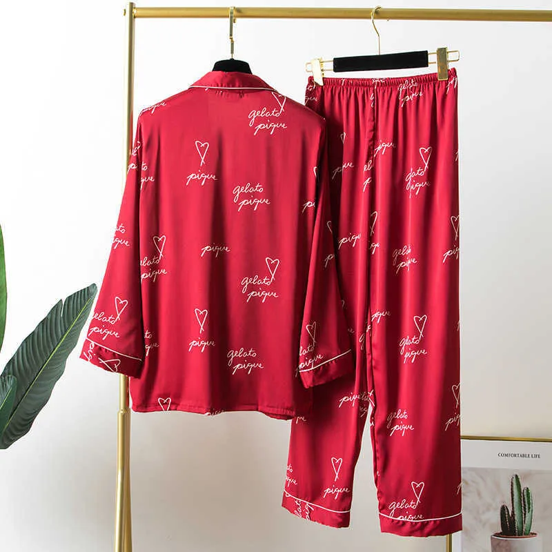 Fiklyc Unterwäsche Faux Seide Brief Drucken Sexy Frauen Frühling Langarm Hosen Pyjamas Sets Süße Schöne Nachtwäsche 210809