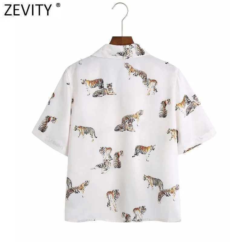 Zevity Kvinnor Slå ner Collar Tiger Print Smock Blouse Office Lady Short Sleeve Any Shirts Chic Summer Blusas Tops LS9354 210603