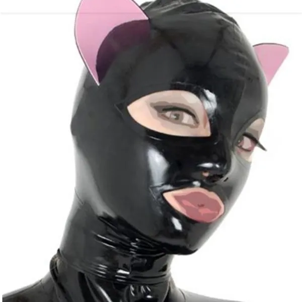Сексуальная черная латексная маска с кошачьими ушками и капюшоном Gummi с молнией сзади на заказ Y0804292o