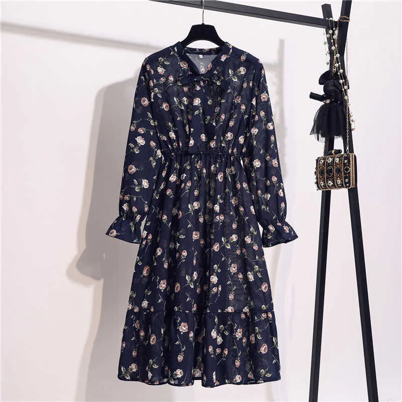 11 Style Beautiful Fashion Summer Women Long Sleeve Dress Retro Collar Casual High Waist Dresses Floral Print Chiffon Clothing Y0603