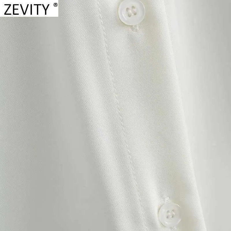 Zeefity Women Simply Double Pocket Patch Business Shirt Office Lady Turn Down Collar Blouse Roupas Chic Chemise Tops LS9290 210603