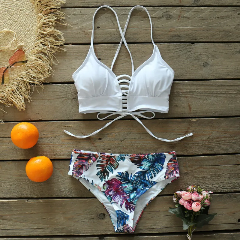 2021 Ny Sexig låghöjd bikini Set Women Swimsuit Lace Up Badkläder plus storlek Baddräkt Beach Wear Print Summer Biquini Female 210319