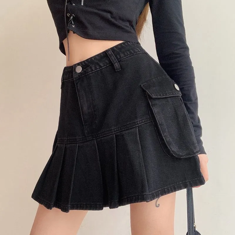 Womens Vintage Pleated Goth Denim Skirts Girl Dark Preppy Style Fashion Black High Waist Pockets Skirt 90s Korean 210517