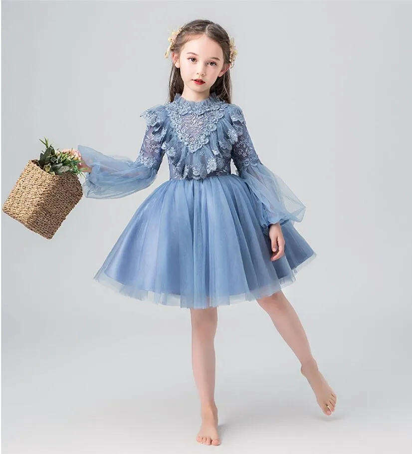 Blue Lace Appliques Flower Girl Dress Long Sleeve Pageant Evening Gown Kids Children Princess Wedding First Communion Costumes 210317