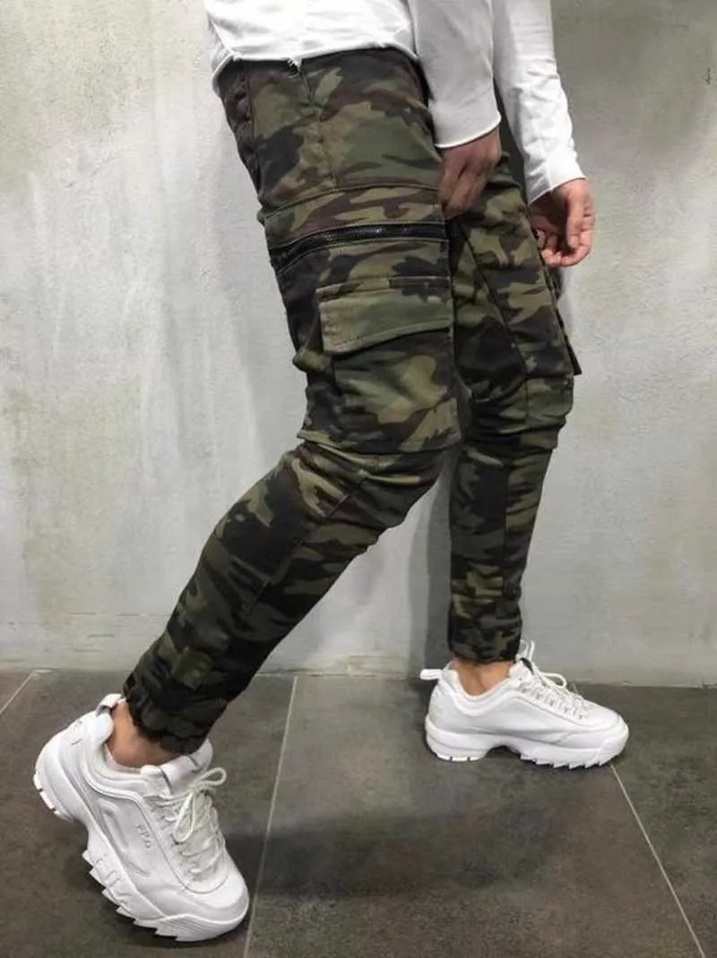 Jeans de camuflagem militar Jeans Men Men Skinny Hip Hop Solidcolored Lápis Jeans Male Male Slim Jogger Multipocket Calça X06212040801