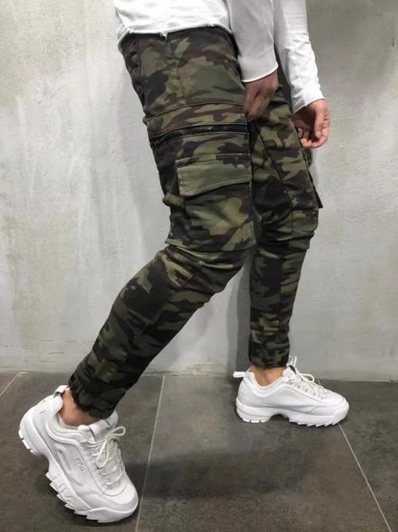 Militaire Camouflage Style Jeans Hommes Maigre Hip Hop Couleur Unie Crayon Jeans Mâle Slim Jogger Multi-Poche Cargo Pantalon X0621