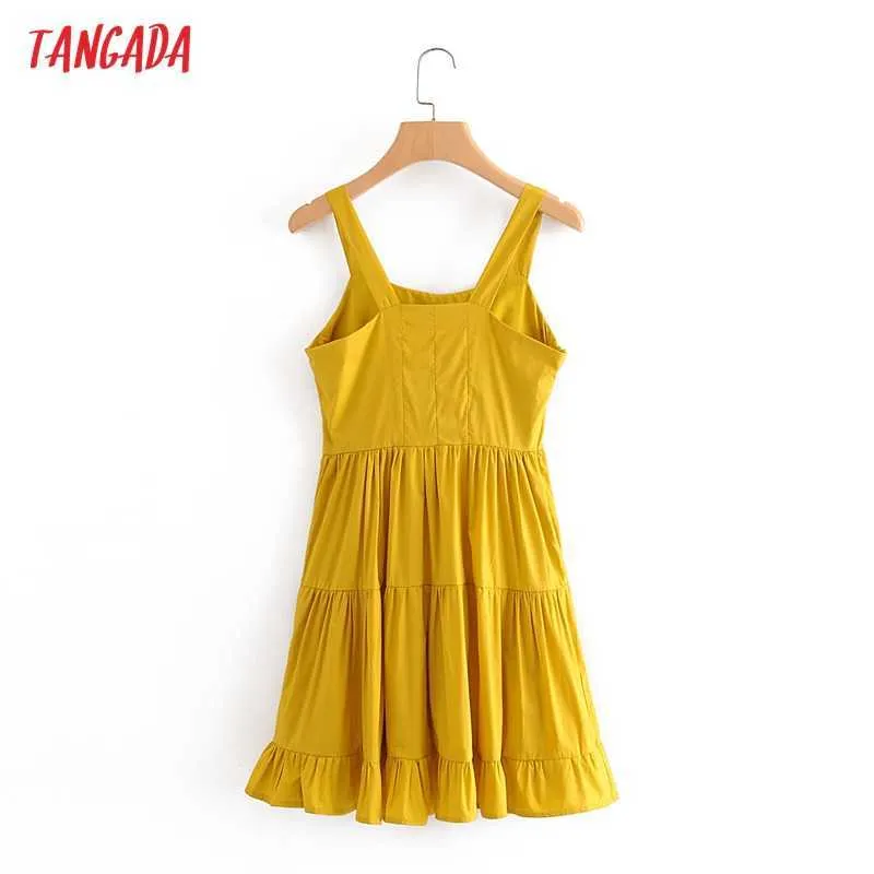 Tangada été femmes robe jaune Style français sans manches fermeture éclair latérale dames Mini robe Vestidos 3A112 210609