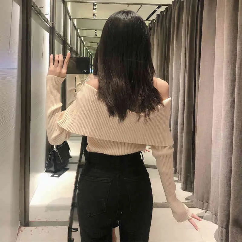 Autumn Clothes Black Crop Knit Top Women Blouses White Off Shoulder Tops Woman Sweaters Fall Long Sleeve Bodycon Pullover 210430