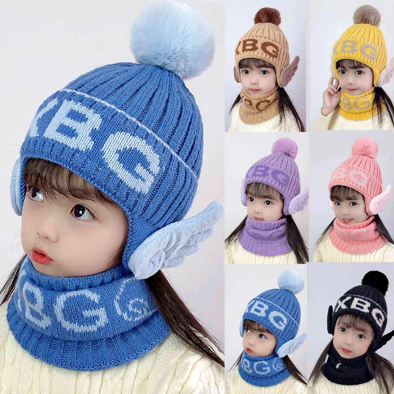 Gorro bebê chapéu pompom inverno crianças chapéu de malha boné bonito lenço terno para menina menino casual cor sólida chapéu bebê beanies y21111
