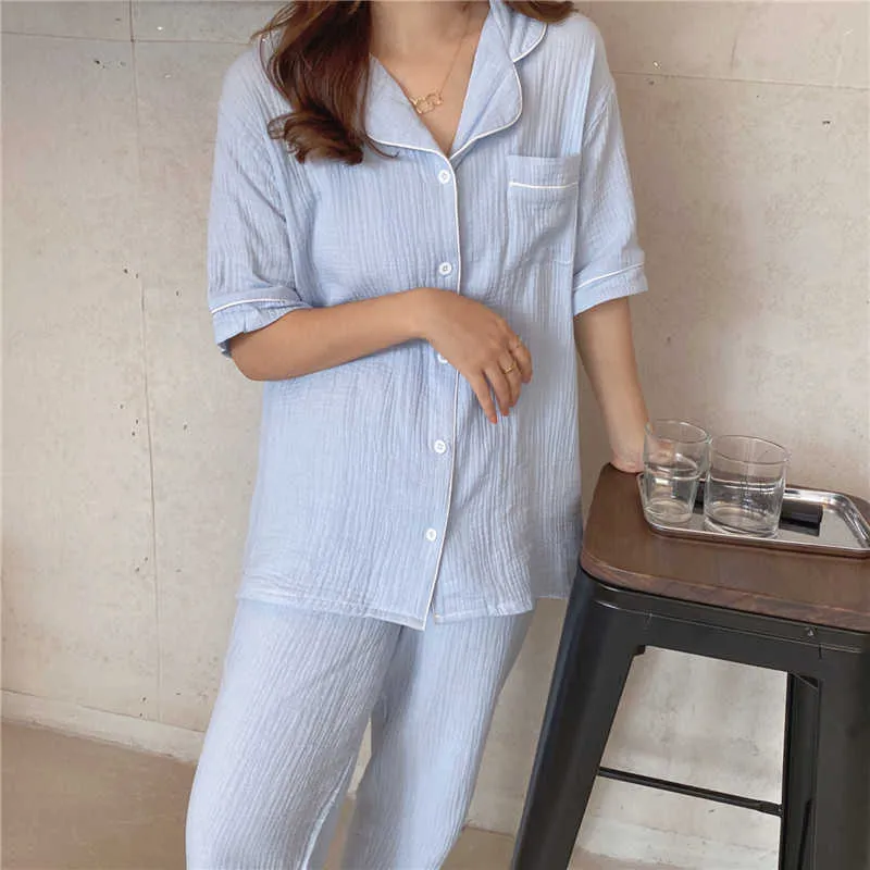 Bekväm bomull solid sommar casual sleepwear vintage kvinnor hem chic mode pyjamas kostymer set 210525
