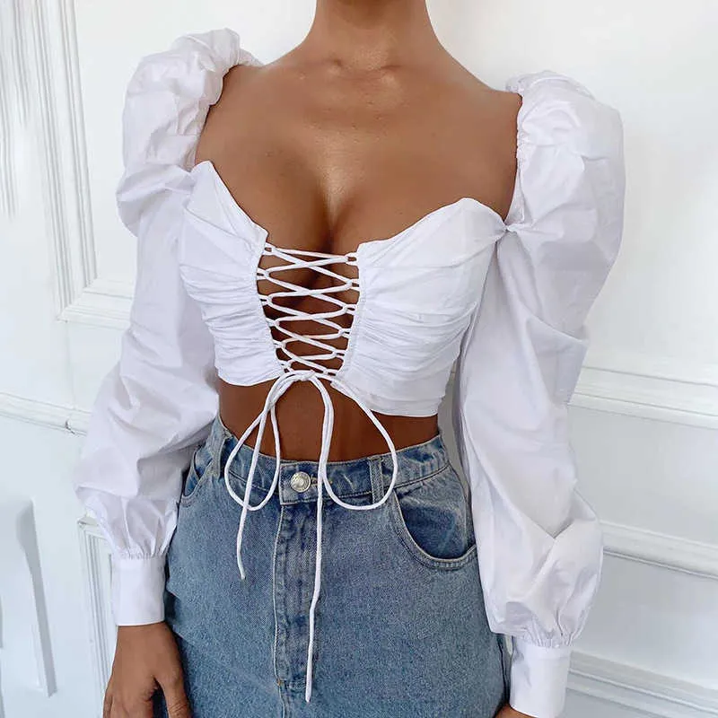 Femmes Sexy Hollow Out Lace Up Crop Top Solide Longue Lanterne Manches T-shirt Automne Dames Casual Chemise Streetwear 210604