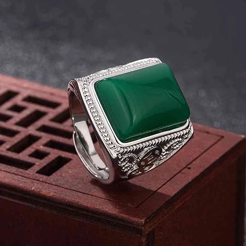 Etnische Smaragd Edelsteen Ring Natuurlijke Groene Jade Zilver 925 Ringen Voor Mannen Bruiloft Retro Vintage Fijne Sieraden Gifts2626