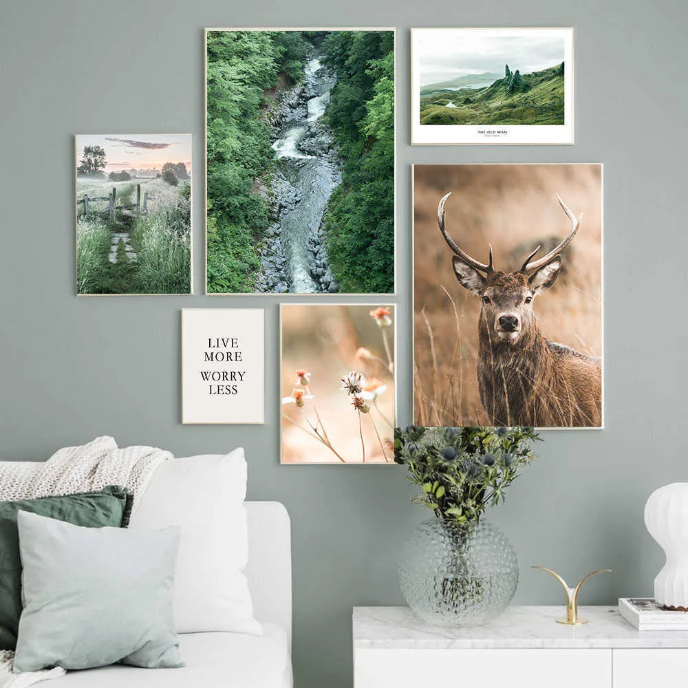Vårlandskapsaffisch hjort vägg tryck bergskonst bilder naturligt landskap duk målar nordisk stil vardagsrum dekor7553470