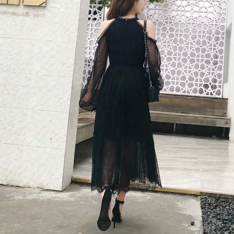 PERHAPS U Black Long Sleeve Cold Shoulder Solid Loose Midi Dress Halter Autumn Lace D0643 210529