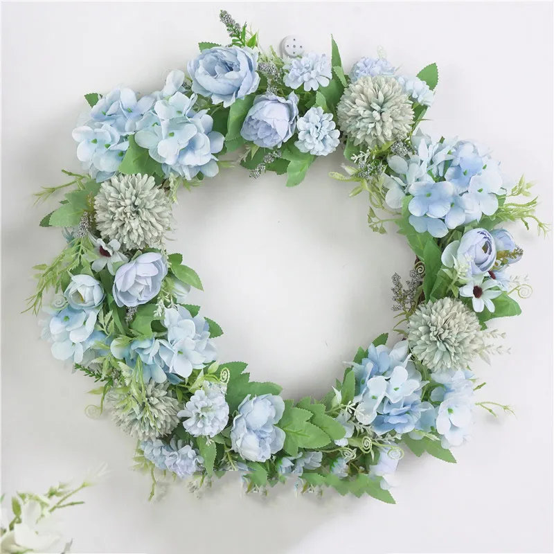 Couronne de fleurs artificielles en soie, Rose, pivoine, pom, hortensia, 16 pouces, couronne ronde de printemps, décoration de maison pour porte d'entrée, fournitures de mariage