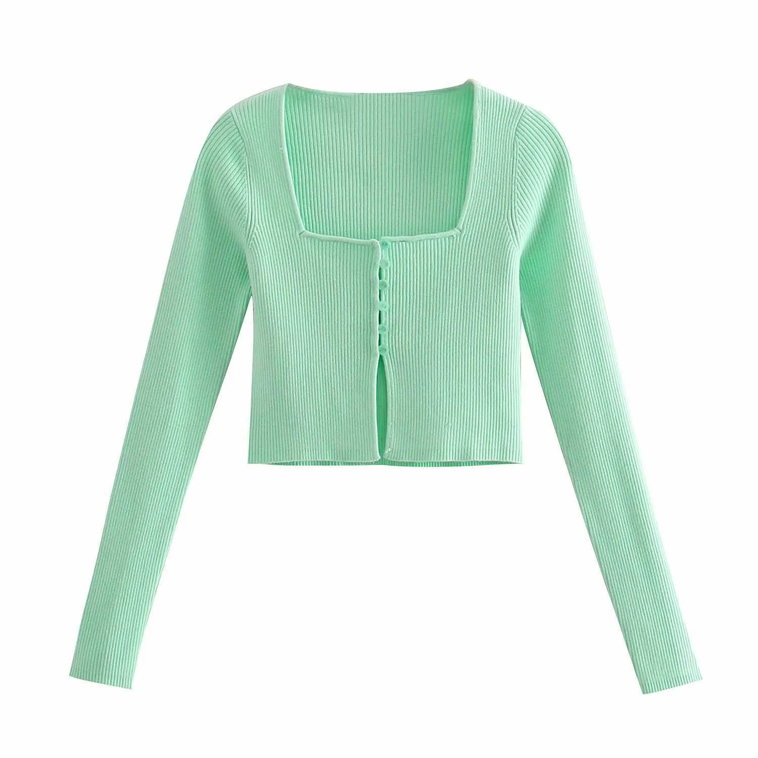 Women Crop Knit Cardigan Square Neckline Long sleeves Fitted Sweater Casual Fashion Chic Woman Crop Tops y2k summer 210709