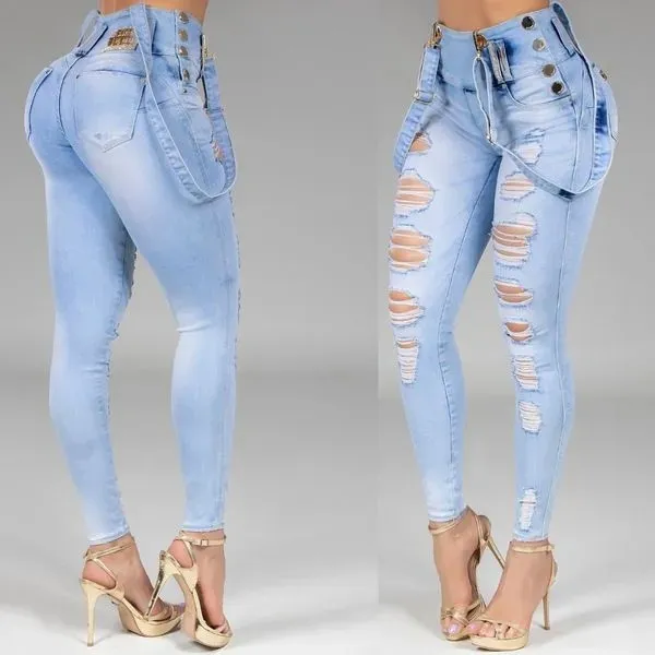 Jeans da donna a vita alta Pantaloni skinny in denim lavato da donna Streetwear Pantaloni lunghi da donna sexy Jean Pant con cinture Blu 210322