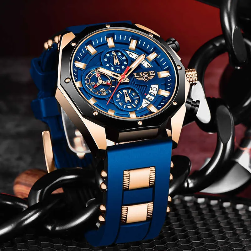 LIGE Mode Herrenuhren Top-marke Luxus Silikon Sportuhr Männer Quarz Datum Uhr Wasserdichte Armbanduhr Chronograph 210804263C