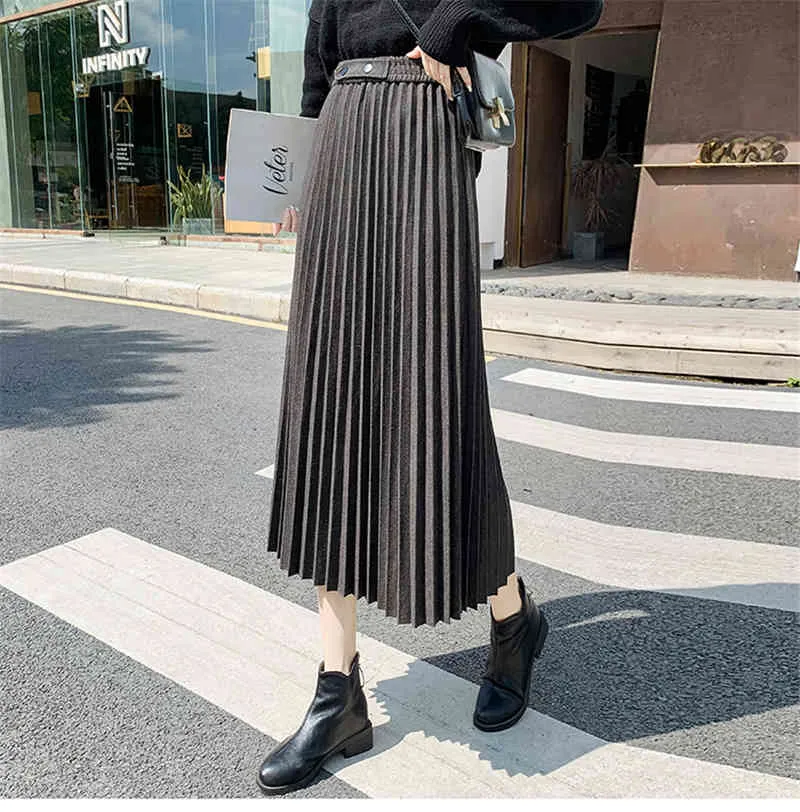 Qooth Woolen Skirt Autumn Winter High Waist Pleated Mid-Length A-Line Thick QT378 210518