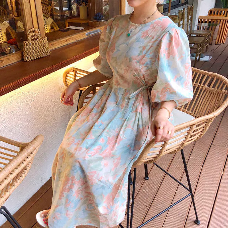 Korejpaaの女性のドレス夏の韓国のシックな女の子甘い油絵プリントバックシングルブレストレースアップパフスリーブVestidos 210526