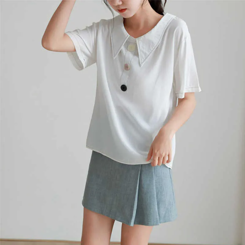 PERHAPS U White Yellow Turn Down Collar Short Sleeve Shirt Chiffon Solid Summer Women Button B0634 210529